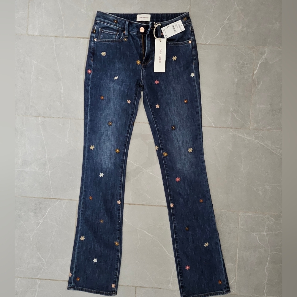Driftwood Dark Blue Straight Leg Jeans with Floral Accents